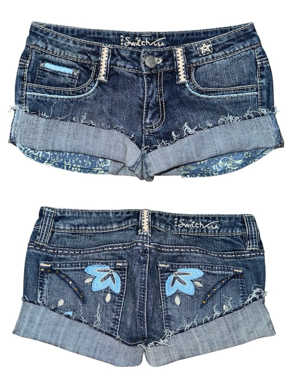 Vintage Switch USA Low Rise Micro Mini Jean Shorts 27 Embroidered Festival Y2K